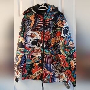 Rebel Vengeance Graphic Tattoo‑Style Hooded Windbreaker – Size Large – NWT